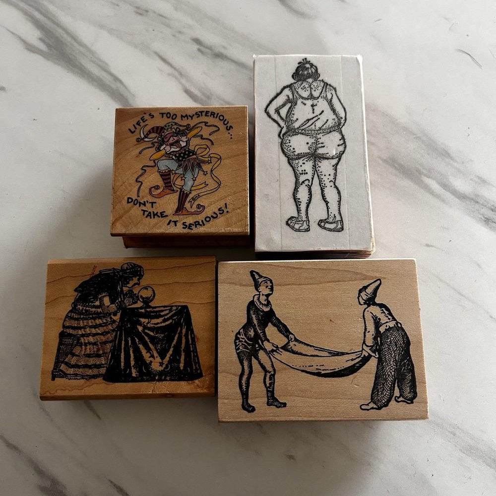 Lot of 4 Stamps Alice in Rubber Land Stamping Man Jester Crystal Ball FFF-8